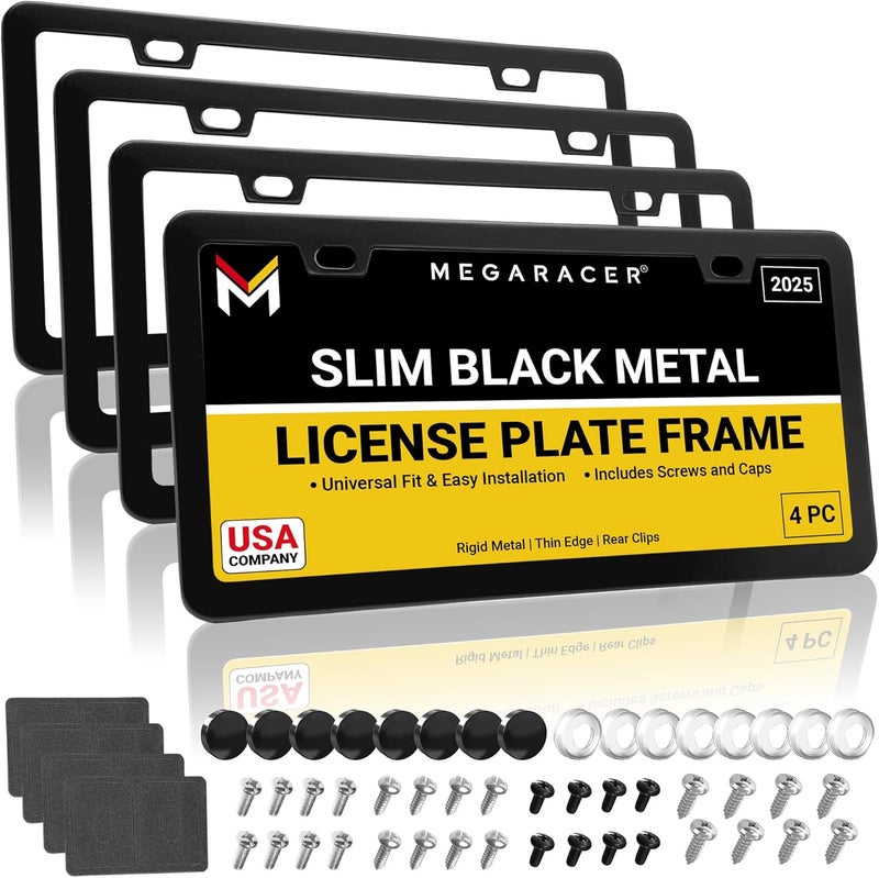 Mega Racer Premium Slim Matte Black License Plate Frames – Best Value 4 Pack, Rust-Free Stainless Steel & Rattle-Free, Street Legal, Universal with Screw Caps, Thin Edged Metal Front & Rear Car Tag Holders - Image 1
